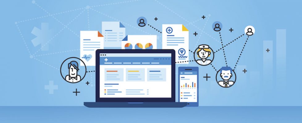 Flat line design website banner of health plan management solutions