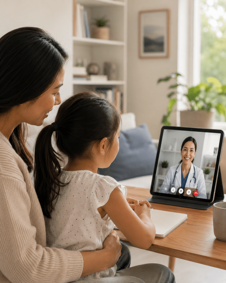 Parent helping a child use the N9+ for a guided temperature exam