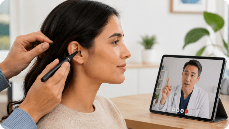 Patient using the wireless N9+ otoscope during a remote clinical encounter while a physician provides guidance by video