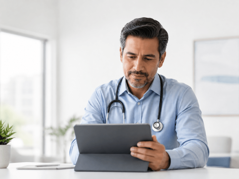 Physician reviewing clinical information on a tablet