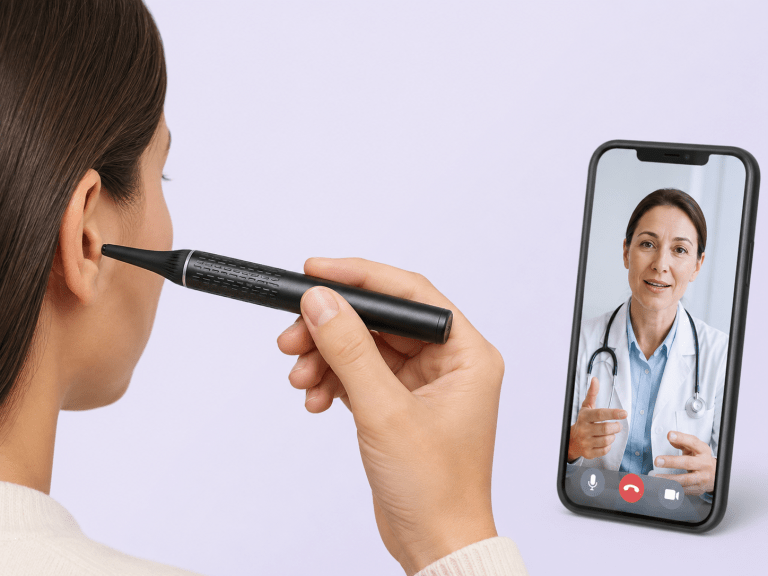 Patient performing an N9+ otoscope ear exam while a remote physician provides guidance by video