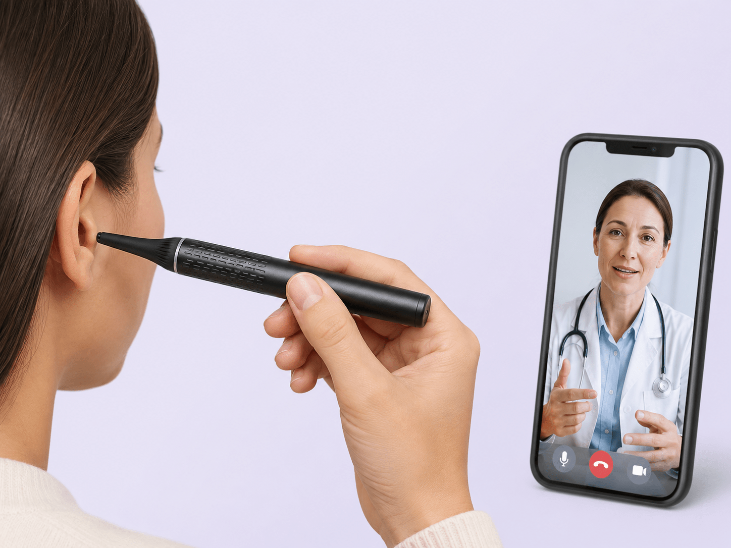Patient using the N9+ otoscope during a video visit while a physician provides guidance