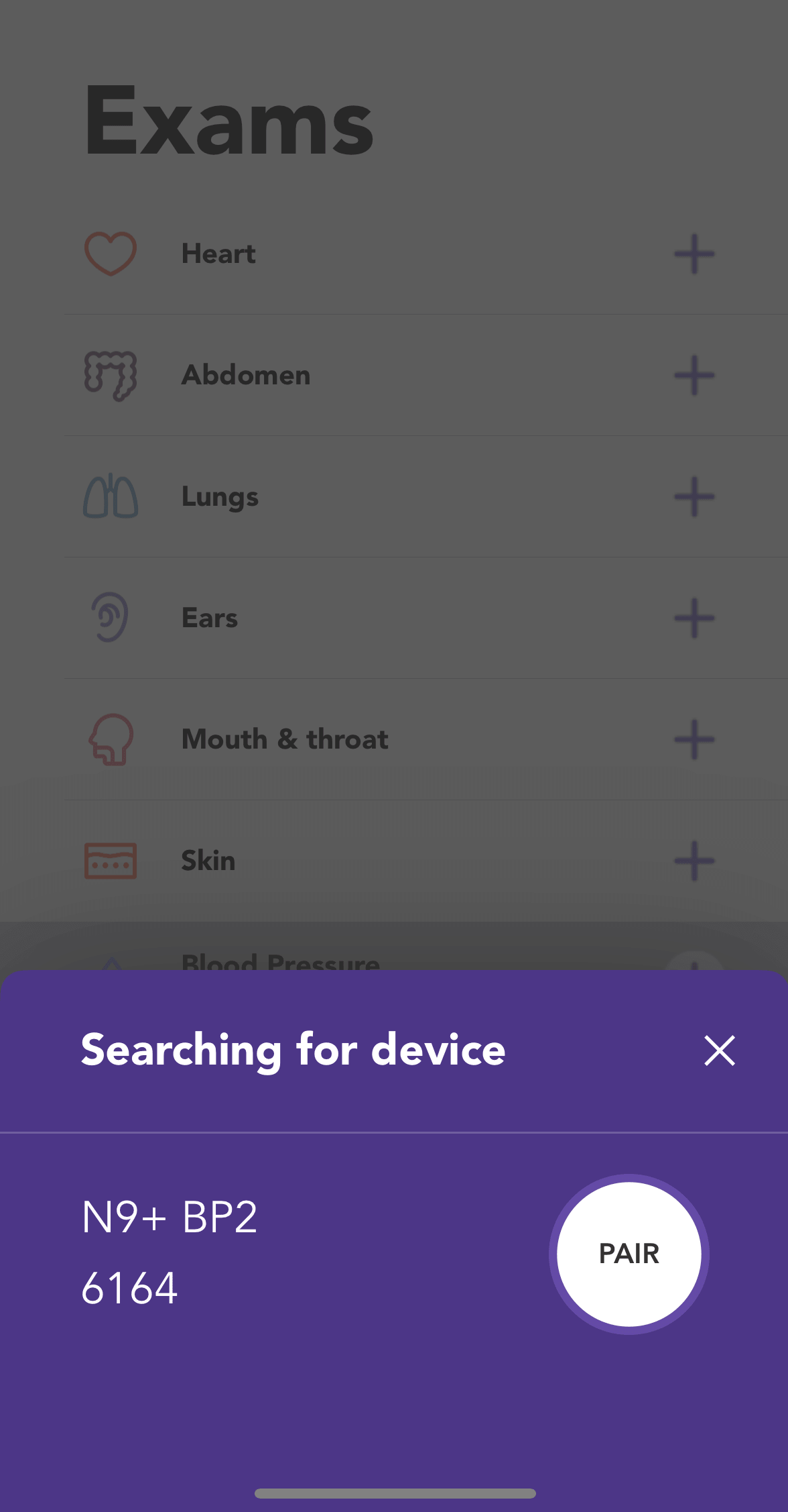 N9+ app pairing screen for the Blood Pressure Monitor with ECG