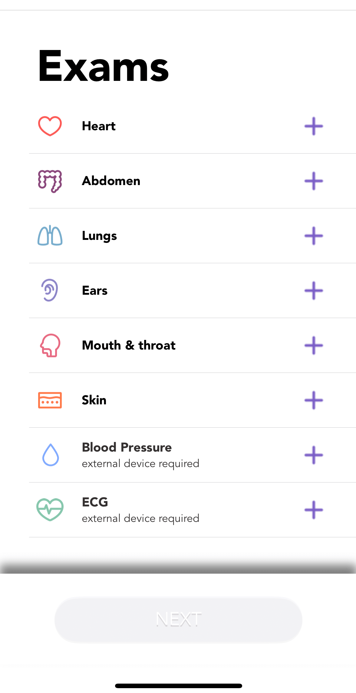 Current N9+ app exams menu showing Blood Pressure and ECG